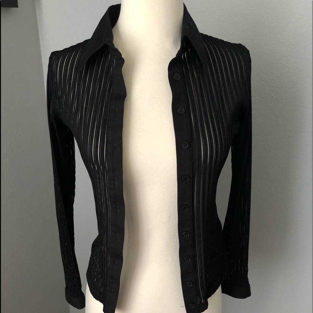 Anne Fontaine Black Sheer Striped Button-Down Blouse